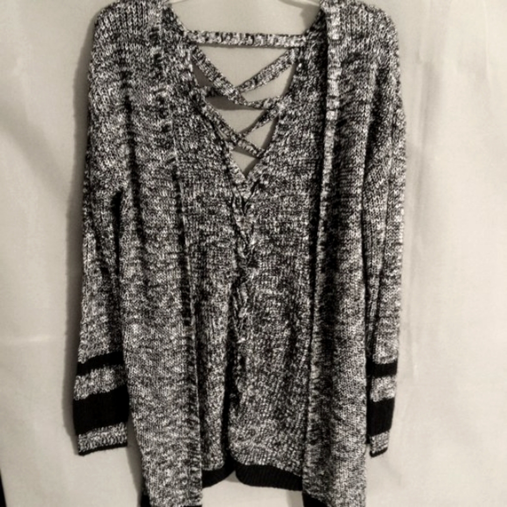 Pink Rose Gray Speckled Knitted Long Open Front Cardigan Lace Up Back Wms Med